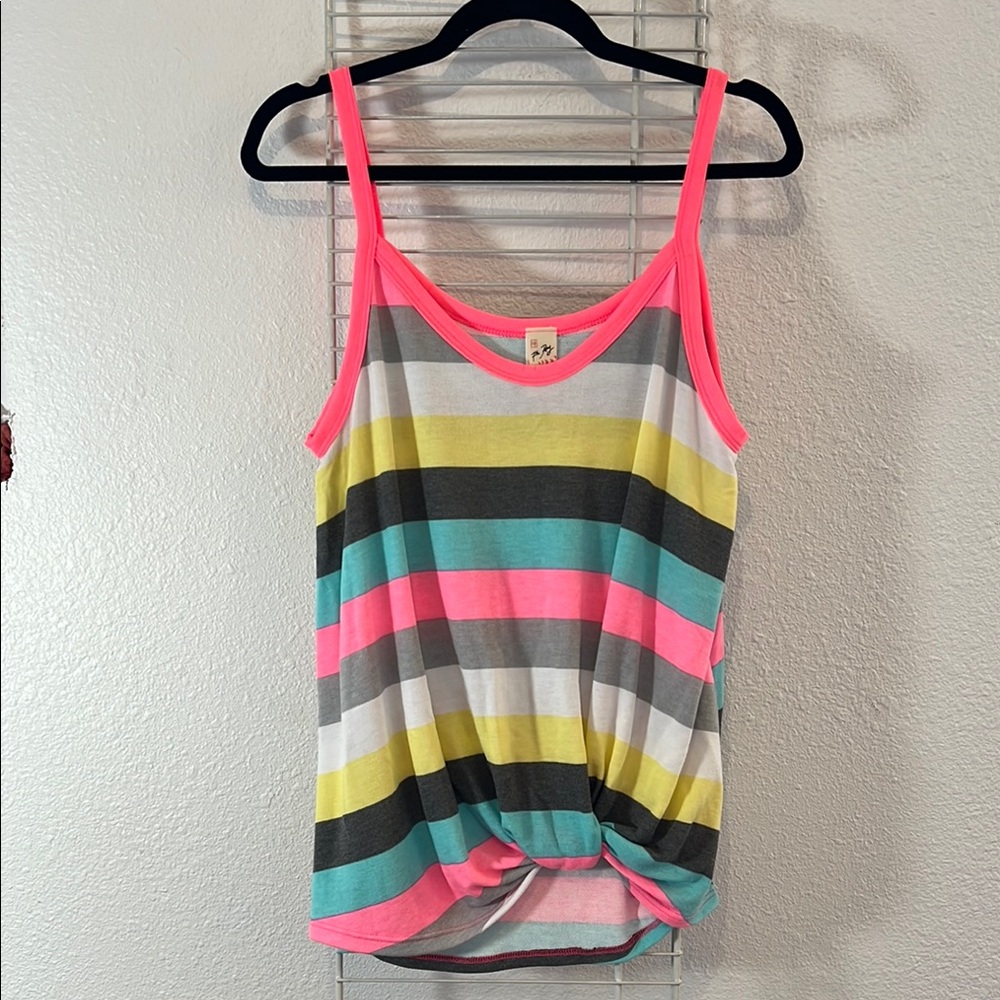7th Ray Pink and Yellow Sleeveless Tie Front Camisole
